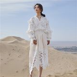 Autumn Elegant Lace Women's Two Piece Sets Embroidery Hollow Out Petal Sleeve Loose Blouse + Asymmetric Skirt Outfits