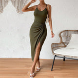 Woloong Sultry Backless Halter Neck Thigh-High Slit Bodycon Dress