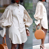 Woloong Bubble Sleeve Solid Color Casual Shirt Dress