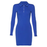 Shestyle Fashion POLO Collar Blue Dress Women Slim Sheath Button Long Sleeve Black Mini Solid Dress Lady Outfit Spring New