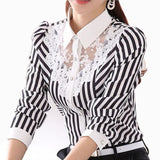 Women Blouse Long Sleeve Lace Tops Striped Turn-Down Collar Blouses Official Female Formal Shirt Spring Autumn