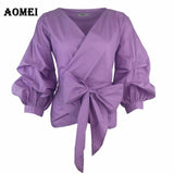 White Shirts Blouses Peplum Tops Puff Sleeves with Waist Belt Bowtie V Neck Large Size Women's Fashion Female Clothes New Blusas