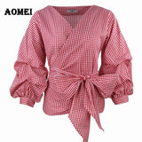 White Shirts Blouses Peplum Tops Puff Sleeves with Waist Belt Bowtie V Neck Large Size Women's Fashion Female Clothes New Blusas