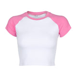 Summer Patchwork Cotton T-Shirt Women Cute Pink Sky Blue Crop Top T Shirt Ladies Short Tops Tee Shirt Tshirt