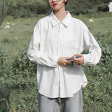 Blouse Women Shirts Turn-down Collar Long Sleeve Plaid Outwear Pocket White Korean Style Students Ulzzang Leisure All-match Chic