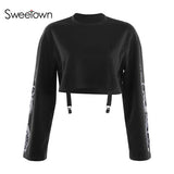 Sweetown Autumn Crop Sweatshirt Dragon Print Long Sleeve Korean Fashion Pullover Black Casual Gothic Streetwear Sweatshirts