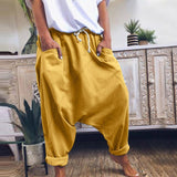 Woloong Women Harem Pants Trousers Boho Mid Waist Pants Women Solid Check Pants Baggy Wide Leg Casual Capris