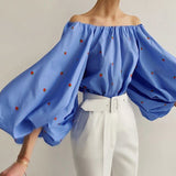 Woloong Fashion Sexy Off Shoulder Blouses Women Spring Summer Lantern Long Sleeve Print Top Vintage Holiday Elegant Shirt Blusas