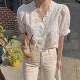 Summer Women Lace Hollow Out Blouse V-Neck Casual Short Sleeve Blouse Sweet Loose Solid Shirt Female Tops