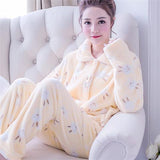 Woloong Women's Winter Pajamas Set Turn-down Collar Sexy Flower Embroidery Sleepwear Warm Flannel Pajama Casual Mom Big Size Homewear