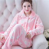 Woloong Women's Winter Pajamas Set Turn-down Collar Sexy Flower Embroidery Sleepwear Warm Flannel Pajama Casual Mom Big Size Homewear