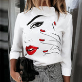 Elegant Lips Eyes Print Blouse Shirts Women O Neck Long Sleeve Office Tops Autumn Casual Streetwear Shirt Pullover Feminine