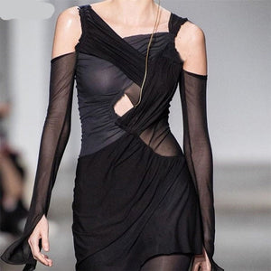 Fall Stacked Cut Out Hole Cotton Mini Dress Woman Chic Bare Shoulders Slim Strewear Gothic Casual Femme Patchwork Clothes