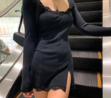 Woloong  Square Neck Lace Patchwork Bodycon Black Dress Women Elegant Cotton Fashion Side Split Autumn Dress Mini Ladies Basic