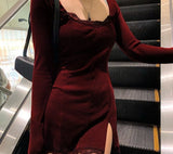 Woloong  Square Neck Lace Patchwork Bodycon Black Dress Women Elegant Cotton Fashion Side Split Autumn Dress Mini Ladies Basic