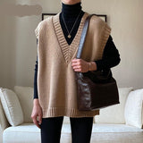 Woloong V Neck Knitted Vest Sweater Sleeveless Women Khaki Casual Pullover Black Autumn Winter Gray Jumper Fashion
