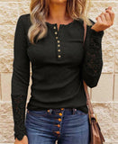 Lace Splicing Top Long Sleeve T Shirt Woman Button Slim Tops Tee Autumn Spring Patchwork Sleeve T-shirt Women Sexy Streetwear