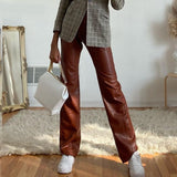 Vintage High Waist Button Pocket Straight Loose Legs Women's Trousers Autumn PU Faux Leather Elegant Female Pants