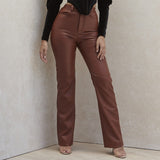 Vintage High Waist Button Pocket Straight Loose Legs Women's Trousers Autumn PU Faux Leather Elegant Female Pants