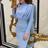 Woloong Elegant Women Dress Stand Collar Slim Waist Solid Blue Ankle Length Autumn Long Sleeve Casual Party Dress Fashion