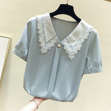 Woloong Women Spring Summer Style Chiffon Blouses Shirts Lady Casual Short Sleeve Peter Pan Collar Chiffon Blusas Tops