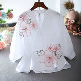 Woloong Tunic White Shirt Women Chiffon Flower Embroidery Blouse V neck  Office Ladies Tops Casual High quality Summer Puff sleeve