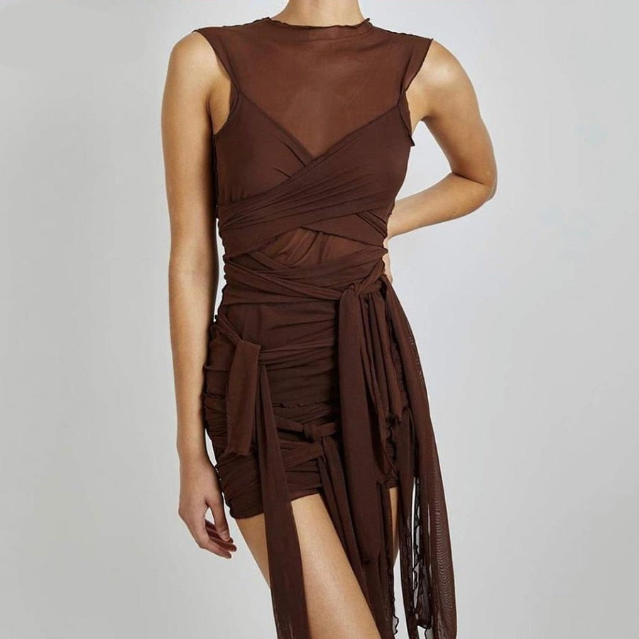 Mesh See Through Bodycon Party Dresses Women Sexy Clubwear Mini Dress Solid Sleeveless Basic Female Outfits