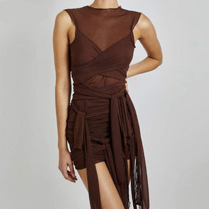 Mesh See Through Bodycon Party Dresses Women Sexy Clubwear Mini Dress Solid Sleeveless Basic Female Outfits