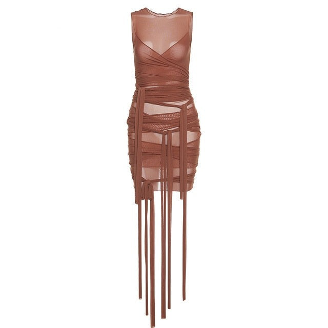 Mesh See Through Bodycon Party Dresses Women Sexy Clubwear Mini Dress Solid Sleeveless Basic Female Outfits