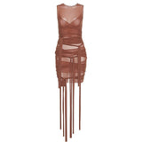 Mesh See Through Bodycon Party Dresses Women Sexy Clubwear Mini Dress Solid Sleeveless Basic Female Outfits