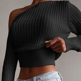 Woloong New Sexy Off Shoulder Women' Sweater Jumper Spring Long Sleeve Knitted Crop Tops Fashion Solid Lady Pullover Sweaters Streetwear