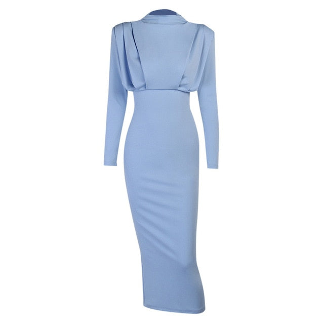 Woloong Elegant Women Dress Stand Collar Slim Waist Solid Blue Ankle Length Autumn Long Sleeve Casual Party Dress Fashion