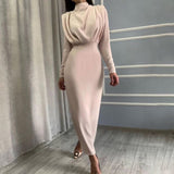 Woloong Elegant Women Dress Stand Collar Slim Waist Solid Blue Ankle Length Autumn Long Sleeve Casual Party Dress Fashion