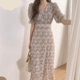 Summer Korean Style Elegant dress vintage Floral Print High Waist V-neck Short Sleeve Fashion Casual Ankle-length Dresses