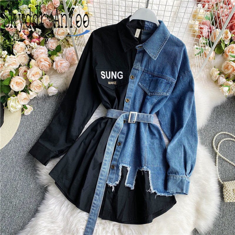 woloong Women's Blouse Autumn Long Sleeve Shirt Tops Jeans Patchwork Plaid Blouses Elegantes Blusas para mujer Slim Shirt Dress
