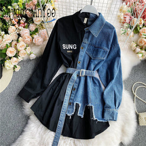 woloong Women's Blouse Autumn Long Sleeve Shirt Tops Jeans Patchwork Plaid Blouses Elegantes Blusas para mujer Slim Shirt Dress