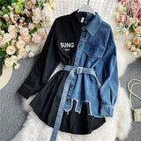 woloong Women's Blouse Autumn Long Sleeve Shirt Tops Jeans Patchwork Plaid Blouses Elegantes Blusas para mujer Slim Shirt Dress