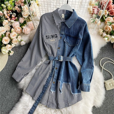 woloong Women's Blouse Autumn Long Sleeve Shirt Tops Jeans Patchwork Plaid Blouses Elegantes Blusas para mujer Slim Shirt Dress