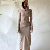 Fall Winter Hooded Long Dress Women Cotton Full Sleeve Bodycon Dresses Female Streetwear Casual Skinny Vestidos Outfits