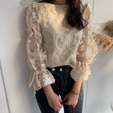 Woloong Spring Autumn New Girl Chiffon shirt Fashion embroidered lace Tops Elegant Flare sleeve Casual Women blouse Blusa womens blouses