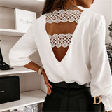 Woloong Sexy Lace Women Shirts V neck Long Sleeve Spring Autumn Tops Daily Blouses Female Elegant OL Office Blouse Casual Lady's Shirt
