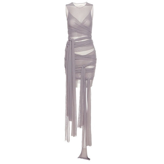 Mesh See Through Bodycon Party Dresses Women Sexy Clubwear Mini Dress Solid Sleeveless Basic Female Outfits