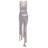 Mesh See Through Bodycon Party Dresses Women Sexy Clubwear Mini Dress Solid Sleeveless Basic Female Outfits