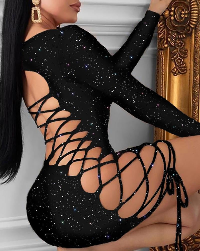 woloong Black Long Sleeve Sexy Lady Lace Up Bandage Bodycon Slim Hollow Out Dresses Glitter Sequins Party Night Club Summer Mini Dress
