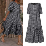 Summer Dress  Women Casual Short Sleeve Plaid Printed Sundress Loose Pleated Mid-Calf Dresses Femme Party Robe