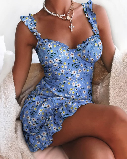 Boho Women Spaghetti Strap Floral Sundress Summer Sweet Lace Ruched Ruffles Tutu Mini Dress A-Line Lady Flowers Strapless Dress