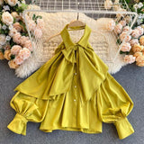 Woloong Spring Autumn New Blouse Women Halter Scheming Halter Shirt Bowknot Lapel Puff Sleeve Female Top