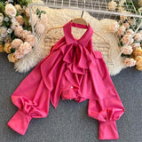 Woloong Spring Autumn New Blouse Women Halter Scheming Halter Shirt Bowknot Lapel Puff Sleeve Female Top