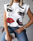Women Elegant Lips Print Blouse Shirts Summer Casual Stand Neck Pullovers Tops Ladies Fashion Cute Eye Short Sleeve Blusa