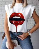 Women Elegant Lips Print Blouse Shirts Summer Casual Stand Neck Pullovers Tops Ladies Fashion Cute Eye Short Sleeve Blusa